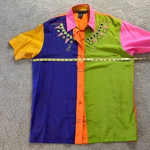 I.B. DIFFUSION silk blouse. Vintage 90s. Beaded & embroidered yoke. Neon colors.